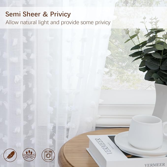 White Bedroom Curtains 90 Inch Length 2 Panels Set for Living Dining Room White Pom Pom Fluffy Farmhouse Boho Drapes for Nursery Kids Teen Back Tab Pocket Curtain for Patio Sliding Door 52x90 Long