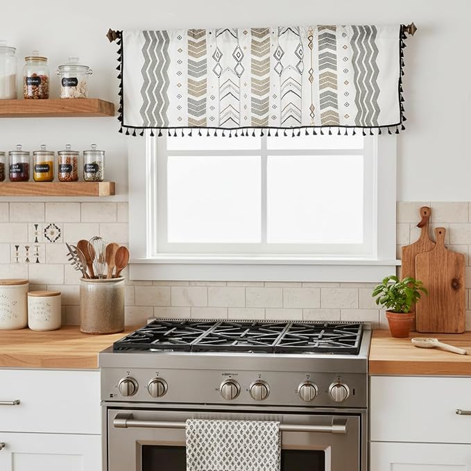 ColorBird Kitchen Window Curtains Over Sink Valance Short Boho Oven Curtain Basement Window Topper Light Filtering Rod Pocket 1 Panel for Cabinet RV (59" W x 18" L, Geometric)