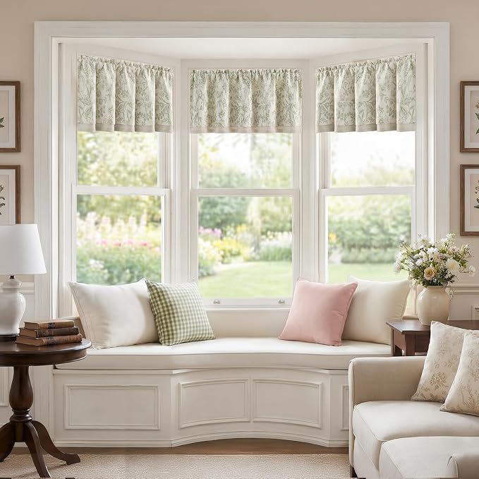 jinchan Linen Valance Curtain Farmhouse Floral Printed Small Window Curtain for Kitchen Rustic Country Light Filtering Valance for Living Room Bedroom 16 Inch Rod Pocket 1 Panel Sage Green on Beige
