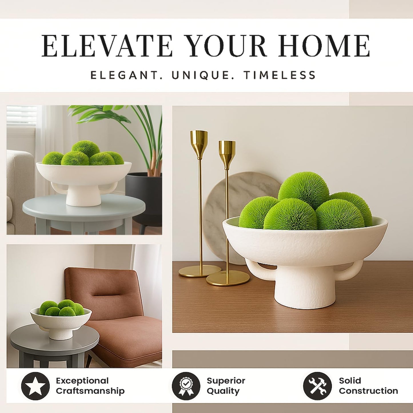 Luxurious White Textured Ceramic Bowl and Greenery Set,12.5x10.5 Inch Pedestal Decorative Bowl, with 6 Green Succulent Moss Balls, Counter Top, Farmhouse Table Centerpiece, Living Room, Kitchen Decor