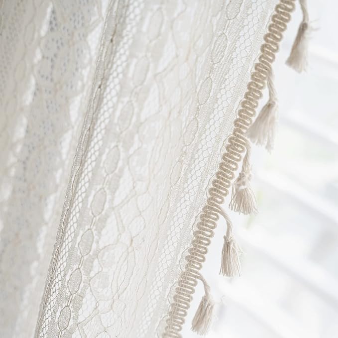 Sutuo Home Boho Curtain Crochet Lace Semi-Sheer Florals Hollow Knitted Handmade Tassels, Rod Pocket Window Treatment Vintage Rustic Farmhouse Drapes for Living Bedroom, 1 Panel 59" W x 108" L, Beige