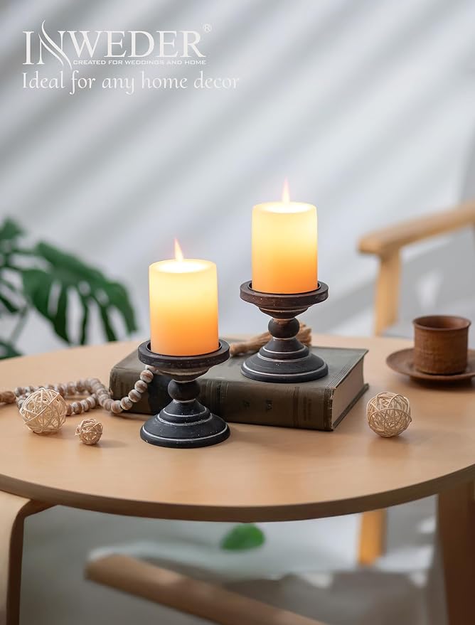Wood Pillar Candle Holder: 2Pcs Rustic Black Candle Holders for Pillar Candles Wood Candle Holders Distressed Wooden Farmhouse Candle Holder Large Rustic Candle Holder for Fireplace Table