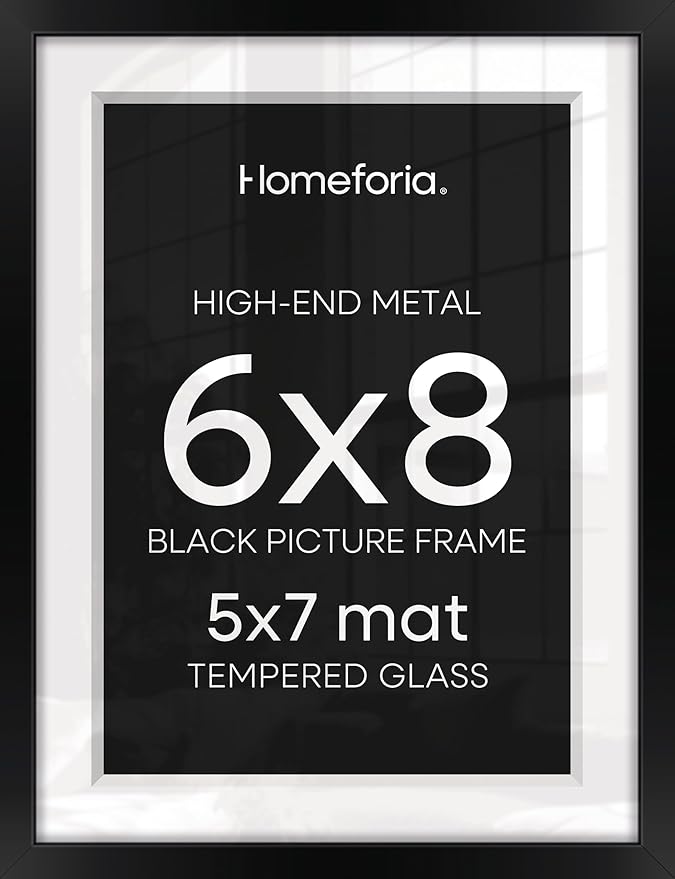 Homeforia 6x8 Picture Frame Black, High End Metal 6 x 8 Black Frames with Mat 5 x 7 for Art, 8x6 Desk Frame Matted to 5x7 inch Photo, 6 by 8 Wall or Tabletop Frames, Tempered Glass, Wall Kit, Set of 4