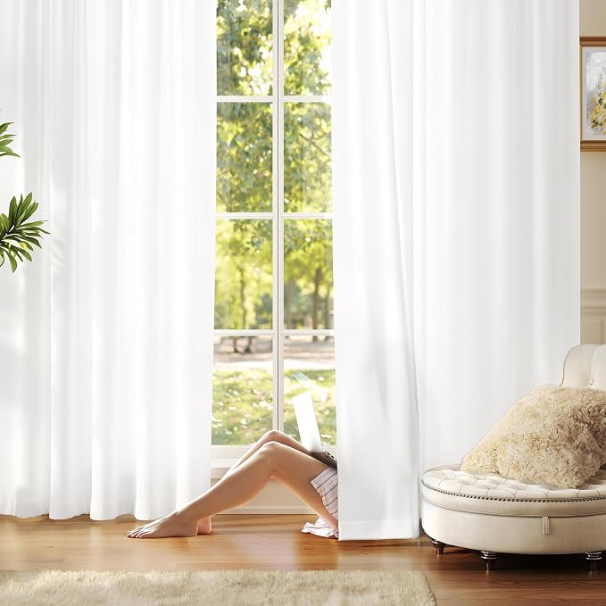 Anmao Non-See-Through Bright White Privacy Semi Sheer Curtains for Living Room 92 Inch Length 2 Panels Set, Light Filtering That Let Light In Rod Pocket Window Drapes for Bedroom, 52W x 92L,Pure White