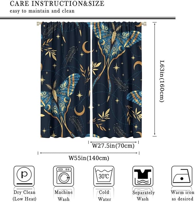 Witchy Curtains, Goth Curtains, Moth Decor, Star Curtains, Moth Curtains Darkening Curtains Botanical Curtains for Bedroom Living Room W55xL63 Inch