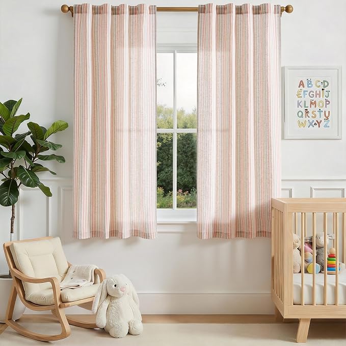 jinchan Linen Curtains 63 inch Candy Stripe for Kids Room Back Tab 2 Panels | Kids Curtains for Living Room Baby Girls Room,Ticking Stripe,Nursery Drapes, Window Treatments,Cottagecore,Light Filtering