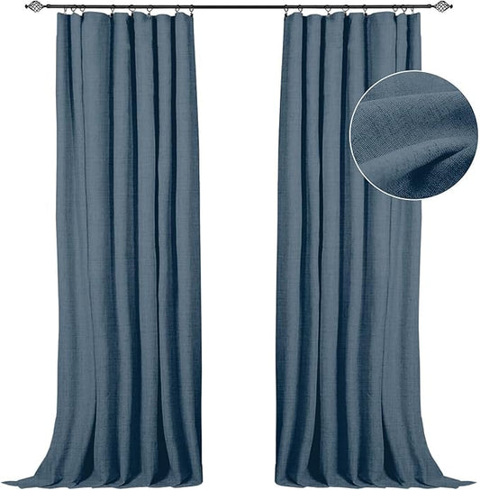 100% Blackout Shield Linen Blackout Curtains 96 Inches Long 2 Panels Set, Clip Rings/Rod Pocket Blackout Curtains, Black Out Curtains & Drapes for Bedroom, 50 inches Wide Each Panel, Stone Blue