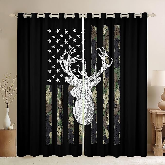 American Flag Curtains For Bedroom,Deer Hunting Window Curtains Army Green Military Camo Window Drapes 42"Wx90"L For Living Room,Western Farmhouse Stars Stripes Window Treatments 2 Panel Set