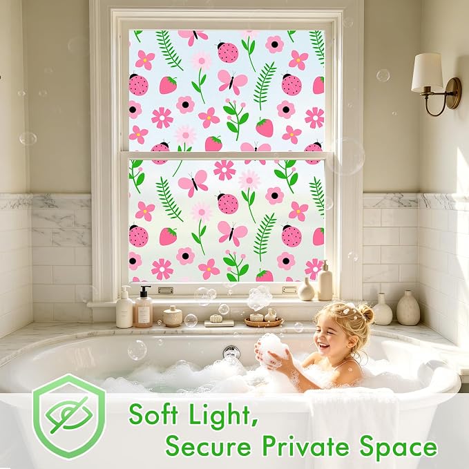 SOMWISE Frosted Glass Window Privacy Film with Tools, Heat Blocking, Anti-UV, Anti-Glare, Static Cling, Decor for Home Bathroom Door, Renter Friendly, Removable, Reusable, Pink 35Inchx78.5Inch