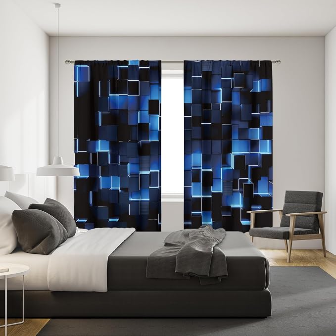 MESHELLY Abstract Blue Black Curtains 42Wx63H Inch Rod Pocket Modern 3D Gradient Design Futuristic Geometric Cubes Bedroom Window Drapes Man Boys Printed Living Room Window Treatment Fabric 2 Panels
