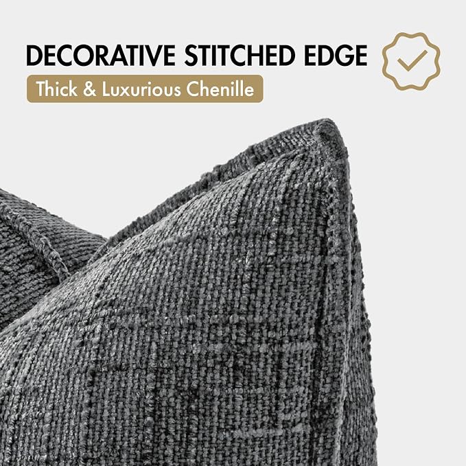 MIULEE Slubby Textured Decorative Throw Pillow Covers 18x18 Inch Set of 2 Boho Farmhouse Soft Cozy Chenille Pillows Cushion Cases Modern Home Decor for Couch Sofa Bed Living Room, Dark Grey