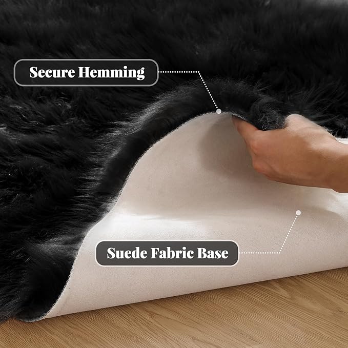 ORINOVA Black Shag Washable Furry Fur Area Rugs for Bedroom Faux Sheepskin Fuzzy Fur Nursery Rug Runners 2x6 Cute Room Décor