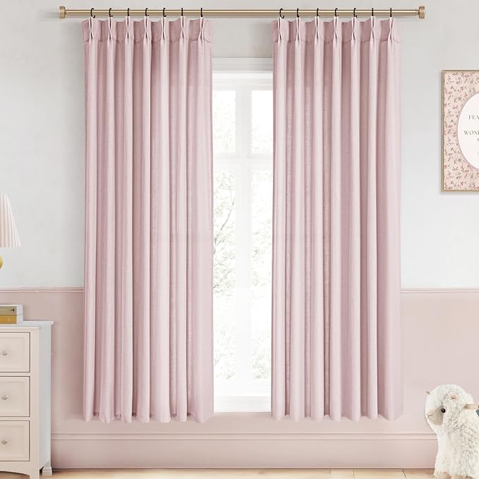 Pink Pinch Pleated Linen Curtains 63 Inch Length 2 Panels for Living Room Bedroom Textured Pink Semi Sheer Drapes Pinch Pleat Rings Window Curtain 40x63