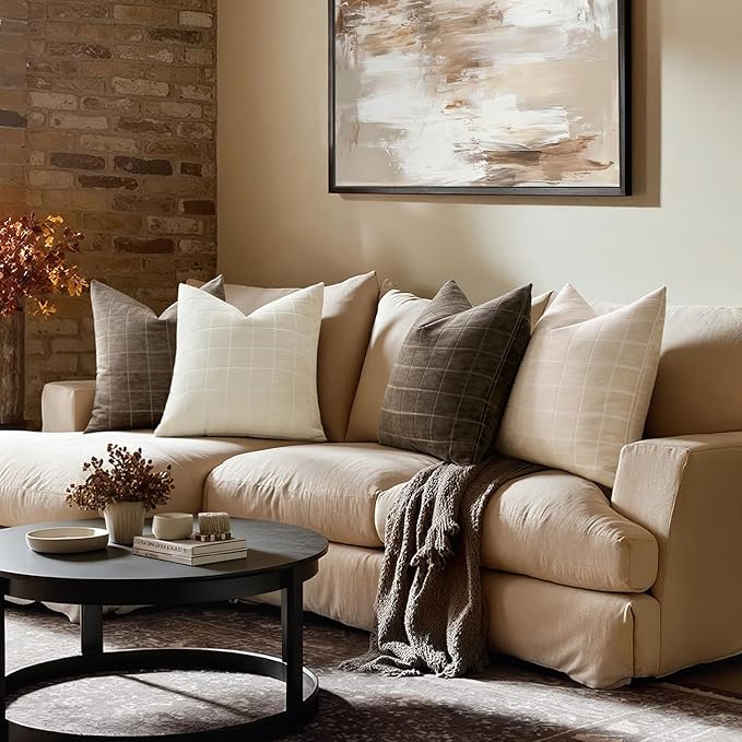 MIULEE Beige Plaid Decorative Throw Pillow Covers 20x20 Set of 2 | Vintage Check Chenille Couch Pillows Neutral Boho Farmhouse Cushion Covers Modern Home Decor for Sofa Bed Living Room