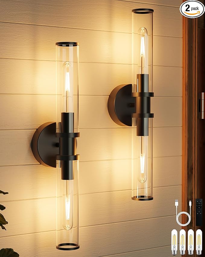 Rayogale Black Wireless Battery Operated Wall Sconces with Remote Control | Glass Rechargeable Wall Lights Set of 2 with Timer Function Dimmable for Living Room Bedroom Emergency 3000K, 20.5 Inch