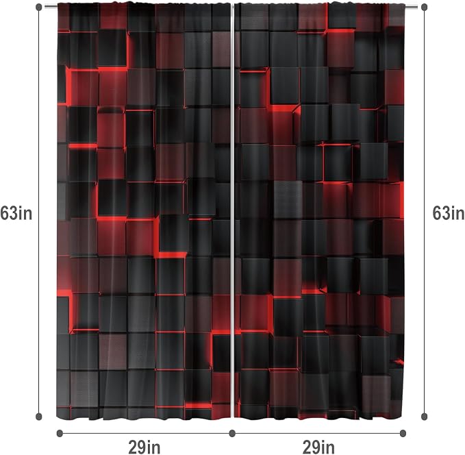 MESHELLY Abstract Red Black Curtains 29Wx63H Inch Rod Pocket Modern 3D Gradient Design Futuristic Geometric Cubes Bedroom Window Drapes Man Boys Printed Living Room Window Treatment Fabric 2 Panels
