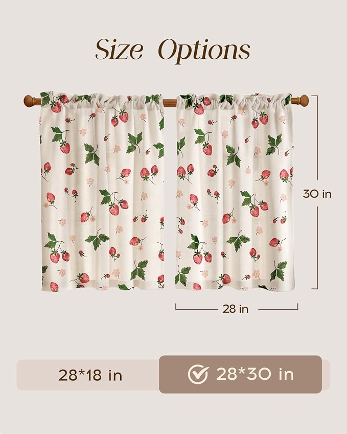Miss Adola Farmhouse Kitchen Tier Curtains - 30 Inch Length Linen Blend Country Cafe Curtains Strawberry Small Window Treatments Over Sink Rod Pocket for Bathroom Living Room Light Filtering, 2 Panels