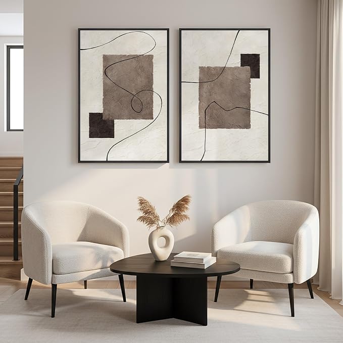 Framed Neutral Abstract Wall Art for Living Room, Set of 2 Geometric Line Beige Brown Canvas Artwork for Walls, Large Minimalist Modern Painting Print for Hallway Bedroom Office Wall Decor, 24x36 Inch