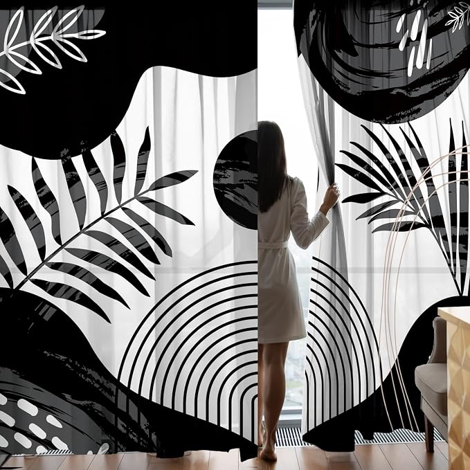 Boho Mid Century Black and White Living Room Curtains, 84 Inch Modern Arch Sun Leaves Light Filtering curtains for Dining Room, Black Gray Abstract Geometric Line Bedroom Curtain, Home Decor, 2 Panels