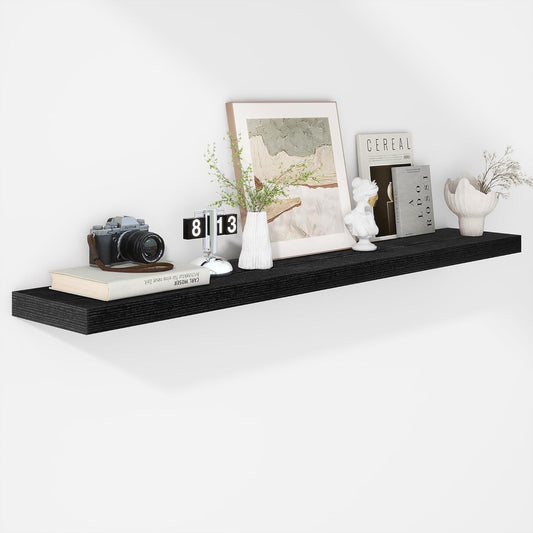 Fun Memories 55 Inch Floating Shelves - 9 Inch Deep Rustic Wooden Wall Shelves - Extra Deeper & Thicker Wall Mounted Storage Shelf for Living Room Kitchen Farmhouse - Rustic Black