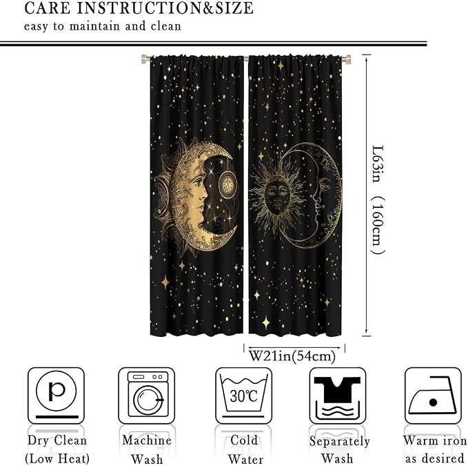 Sun and Moon Blackout Windows Curtains, Golden Planet Star Mysterious Galaxy Curtains Space Curtains, for Living Room Bedroom 42x63in 2 Panels