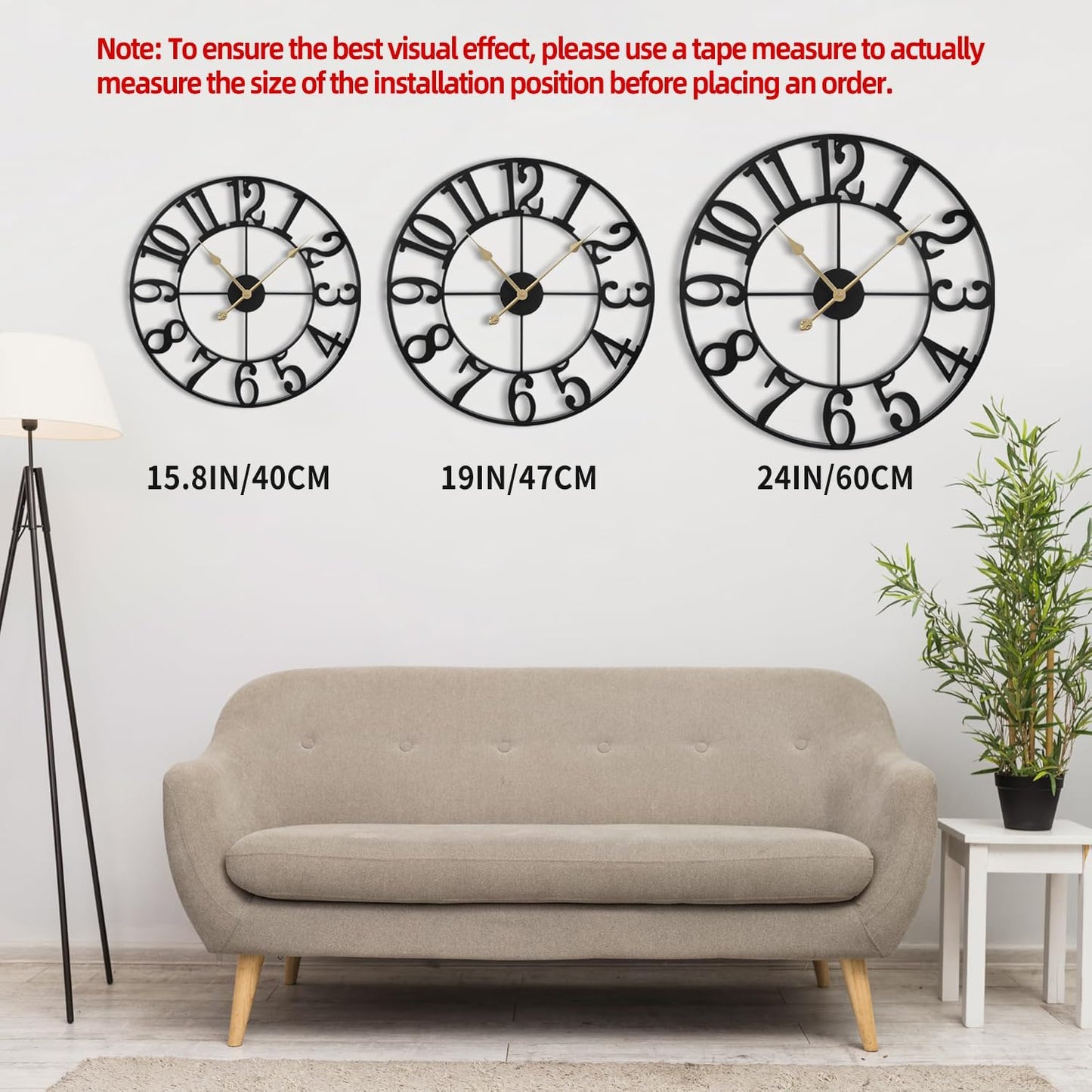 LEIKE Large Wall Clock, 16" Silent Non-Ticking, Battery Operated, Oversized, Decorative Retro Black Metal Clock for Living Room,Farmhouse, Dinner Room,Indoor, Outdoor Decor(40cm, Black Arabic Number)