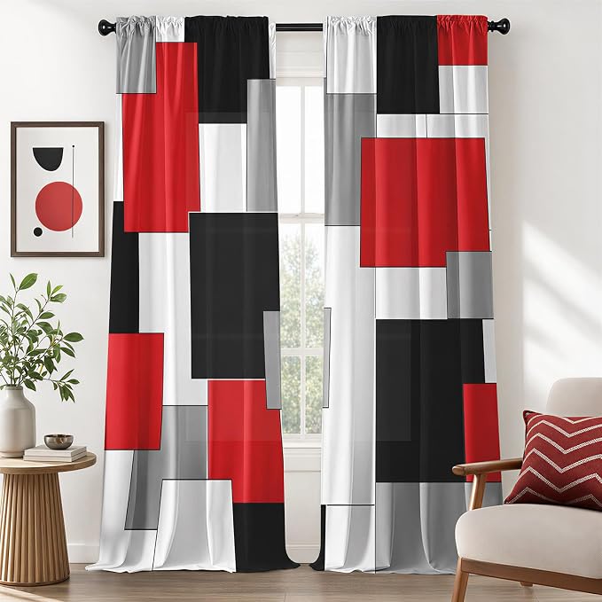 Black and Red Curtains for Living Room 52W x 84L Inch Length Geometry Curtains Modern White Grey Abstract Rod Pocket Curtain for Bedroom Kitchen Room Window Drapes 2 Panels