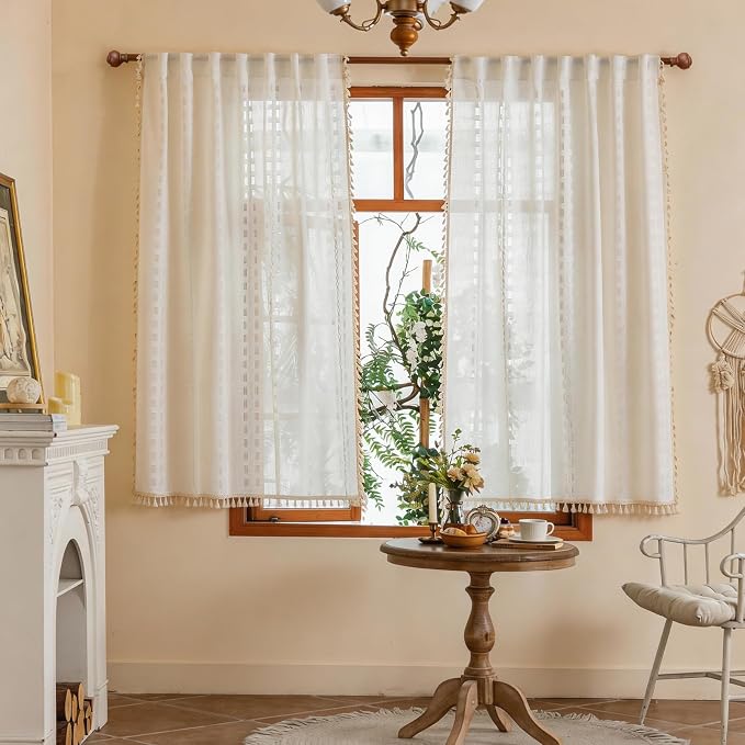 Ivory White Boho Short Curtains 54 inches Long 2 Panels for kitchen Windows, Bohemian Semi Sheer Drapes, French Country Tassels Vintage Chic Embroidery Window Treatments,Back Tab & Rod pocket 50"W