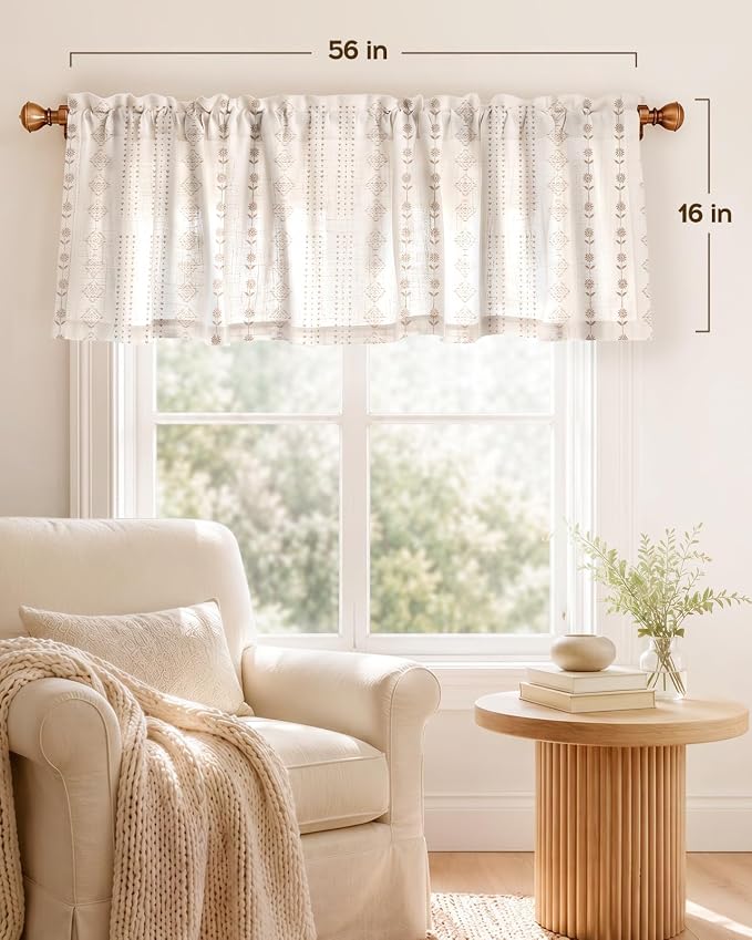 Miss Adola Valance Curtain for Windows - 16 Inch Linen Blend Farmhouse Beige Striped Valance for Kitchen Living Room Bedroom Bathroom Boho Short Curtain with Rod Pocket, 1 Panel