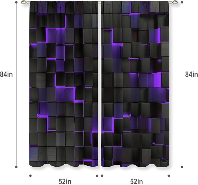MESHELLY Abstract Black Purple Curtains 52Wx84H Inch Rod Pocket Modern 3D Gradient Design Futuristic Geometric Cubes Bedroom Window Drapes Man Boys Minimalist Printed Living Room Window Treatment