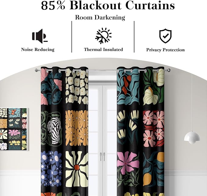 Boho Vintage Floral Blackout Curtains，Retro Colorful Lattice Flower Modern Art Aesthetic Window Drapes，Living Room Bedroom Decor 2 Panels 52x84 Inch