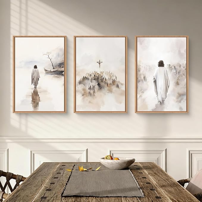 ARYROI Jesus Christ Walking On Water Framed Canvas Wall Art Set,Religious Christian Biblical Scenes Landscape Wall Decor,Watercolor Neutral Faith Scripture Cross Artwork for Living Room,Prayer Room,Church-24"x36"x3