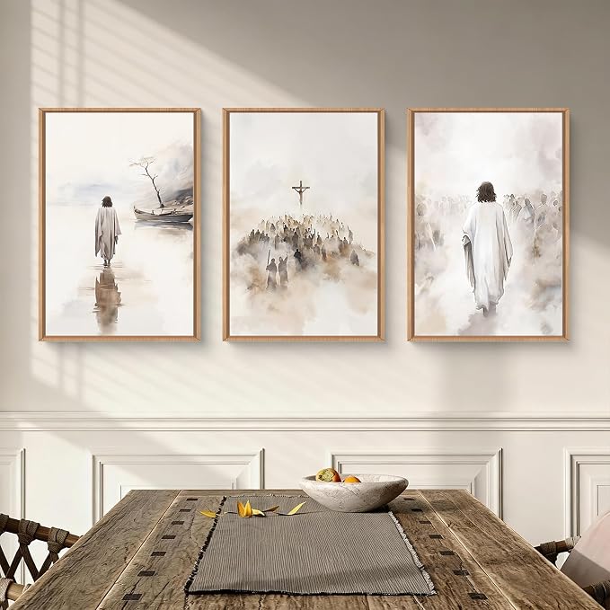 ARYROI Jesus Christ Walking On Water Framed Canvas Wall Art Set,Religious Christian Biblical Scenes Landscape Wall Decor,Watercolor Neutral Faith Scripture Cross Artwork for Living Room,Prayer Room,Church-16"x24"x3