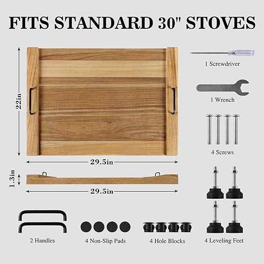 Noodle Board Stove Cover with 4 Adjustable Feet, 30" x 22" Acacia Wood Stove Top Cover for Gas Stove, Electric & Induction - Extra Counter Space, Serving Tray & Charcuterie Board for RV& Kitchen