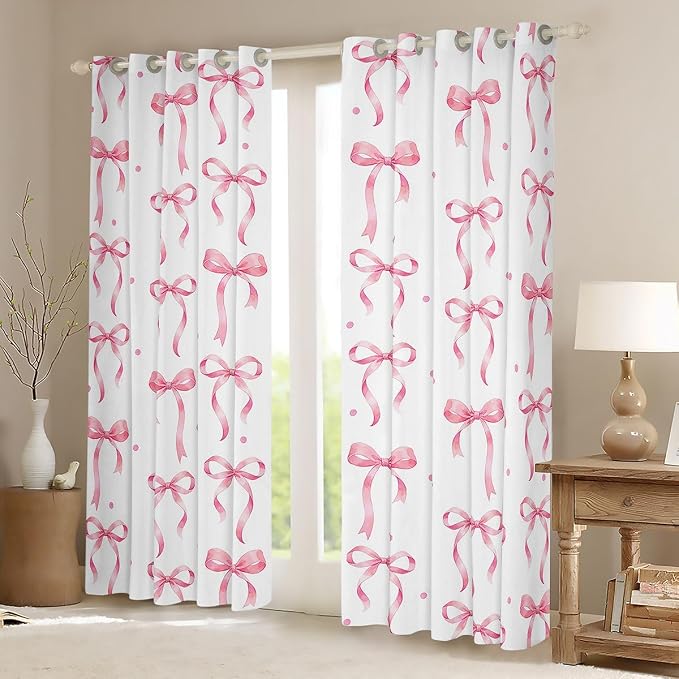 Feelyou Girls Bow Blackout Curtains Pink Bowknot Darkening Drapes for Bedroom Living Room Dreamy Princess Thermal Insulated Shades Coquette Aesthetic Window Treatments, 2 Panels 42 x 63 Inch Cute