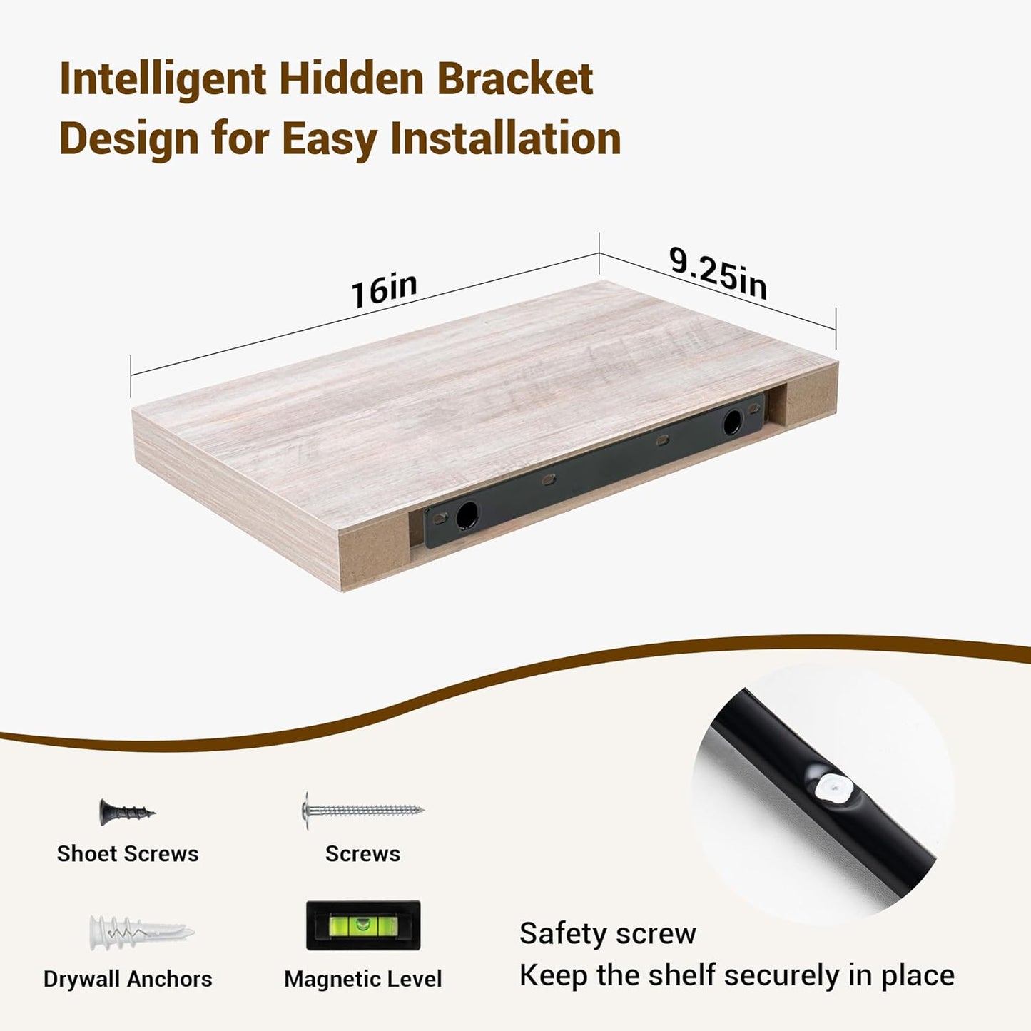 16 Inch Floating Shelves, 3D Textured Wood Grain, 16"x9.25"x1.5" Inch Deep Floating Shelves for Wall, Wooden Shelves for Bathroom, Bedroom, Living Room, Washed White