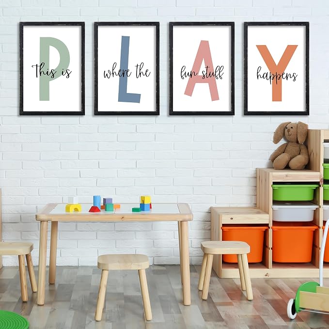 Playroom Wall Art Decor This Is Where The Fun Stuff Happens Sign Colorful Letters Decor 4 Piece 16"×11" for Toddler Modren Nursery Children Prints Small Wood Framed Wall Hanging (Black)