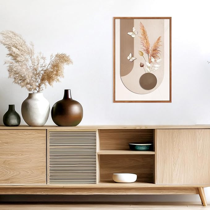 CHDITB Wabi Sabi Dried Floral Framed Canvas Wall Art Set, Neutral Boho Line Woman Wall Decor, Minimalist Abstract Geometric Artwork, Vintage Beige Prints for Living Room, Bedroom, Office 16"x24"x3