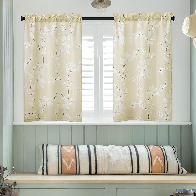 FMFUNCTEX Beige Kitchen Curtains 36 Inch Length White Blossom Floral Print on Canvas Tier Curtains for Small Windows Basement Bathroom Laundry Closet Rustic Curtains Rod Pocket 2 Panels