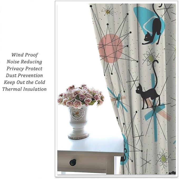 JESTRONRY Mid Century Curtains, Black Cat Atomic Stars Abstract Geometric Vintage Kitty Animal Room Darkening Door Window Rod Pocket Curtain for Living Room Bedroom 55x63in