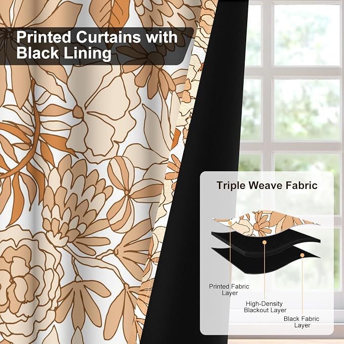 Boho Blackout Curtains for Bedroom and Living Room, Floral Patterned Black Out Curtains 84 Inch Long with Tiebacks, Farmhouse Summer Thermal Insulated Energy Efficient Bedroom Curtains 2 Panel Sets