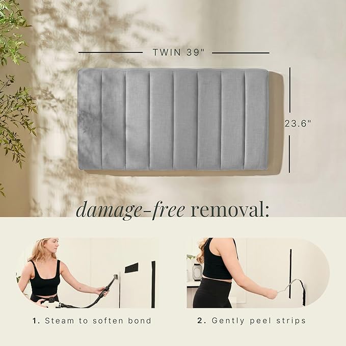Hearth & Harbor Upholstered Twin Headboard - Easy Assemble Channel Stitched Headboard Twin Size - Wall Mounted Headboards with 3D Soundproof Wall Panels Peel & Stick Floating Headboards, Silver