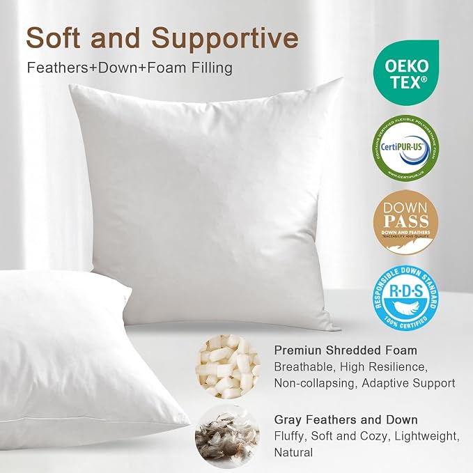 Organic Feather Down Throw Pillow Inserts (22x22 Inch, Set of 2) - 100% Cotton Shell, Filling of Feathers, Square Decorative Pillow Form Core for Couch, Sofa, and Bed