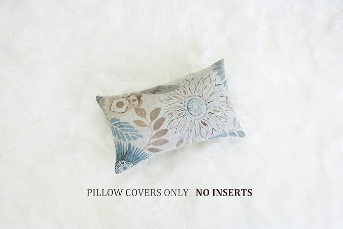 Mika Home Pack of 2 Decorative Oblong Rectangular Throw Pillow Cover Cushion Cases for Chair,Sunflower Pattern,12x20 Inches, Blue Cream