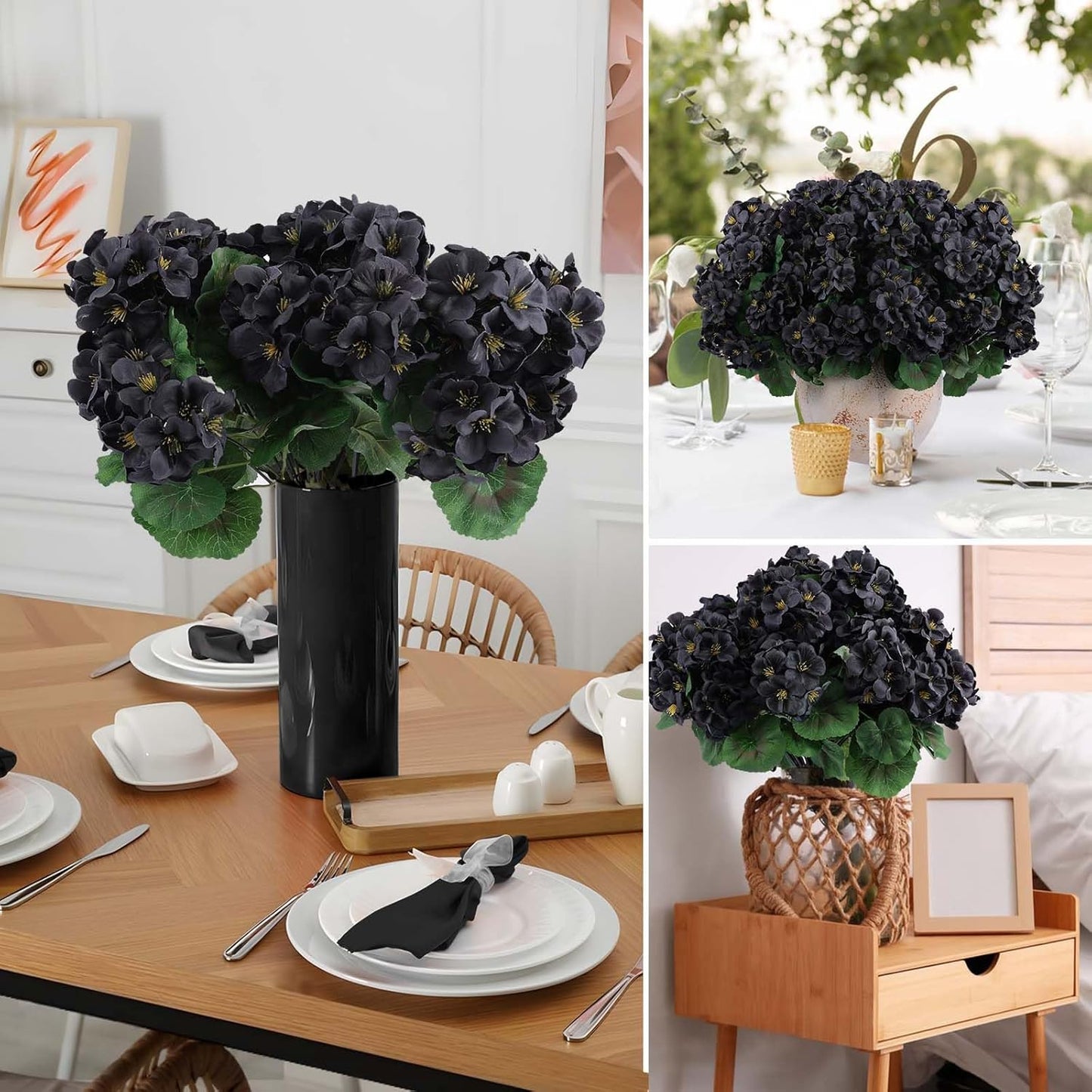 Hananona 6 Bundles Artificial Geranium Flowers for Outdoors Black Silk Geranium Flowers Outdoor UV Resistant Plants Faux Black Flower for Home Kitchen Halloween Table Centerpieces Decor (6, Black)