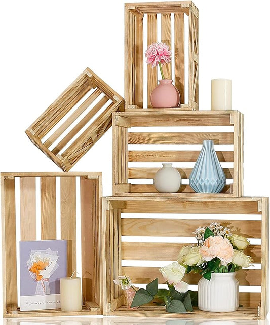5 Pcs Wooden Crates for Display, Nesting Wood Crate for Storage, 5 Size | Farmhouse Weddings Wooden Basket for Storage Container and Decorations, Rustic Wood Crates for Farmers Market, Birthday, DIY