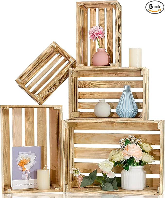 5 Pcs Wooden Crates for Display, Nesting Wood Crate for Storage, 5 Size | Farmhouse Weddings Wooden Basket for Storage Container and Decorations, Rustic Wood Crates for Farmers Market, Birthday, DIY