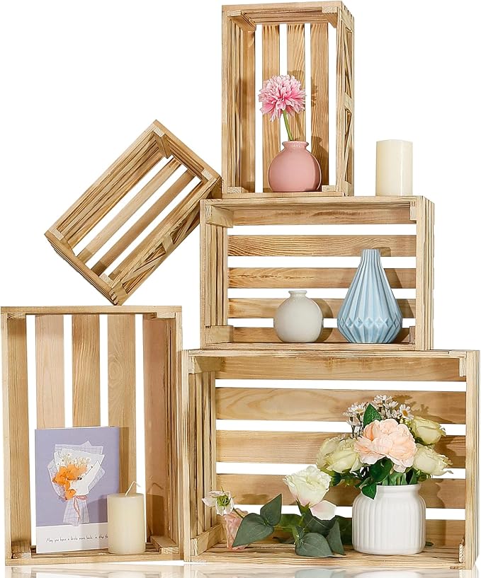 5 Pcs Wooden Crates for Display, Nesting Wood Crate for Storage, 5 Size | Farmhouse Weddings Wooden Basket for Storage Container and Decorations, Rustic Wood Crates for Farmers Market, Birthday, DIY