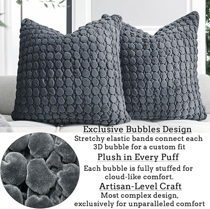 Pillow Cover 24x24 1 Piece Velvet Euro Sham Decorative Farmhouse Pillowcase Boho Square Cushion Covers Soft Bubble Texture for Couch Sofa Bed Bedroom Car Living Room，Drak Gray