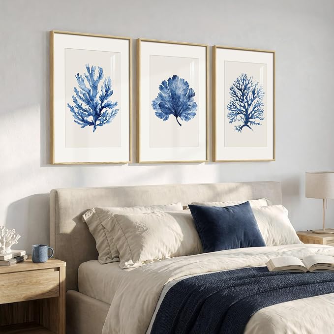 Large Framed Blue Coastal Coral Wall Art for Living Room, 3 Piece Nautical Ocean Pictures Artwork for Walls, Beach Modern Minimalist Watercolor Prints for Bedroom Dining Room Wall Decor, 24x36 Inch